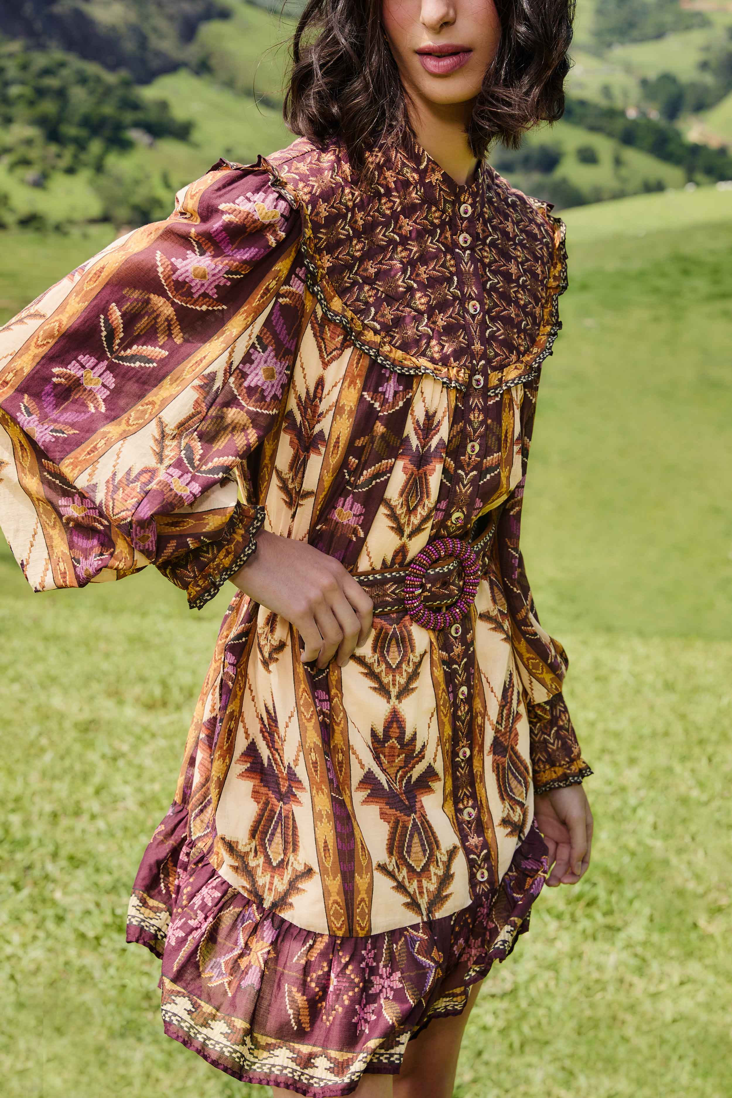 Sand Embroidered Tapestry Long Sleeve Mini Dress