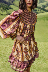 Sand Embroidered Tapestry Long Sleeve Mini Dress