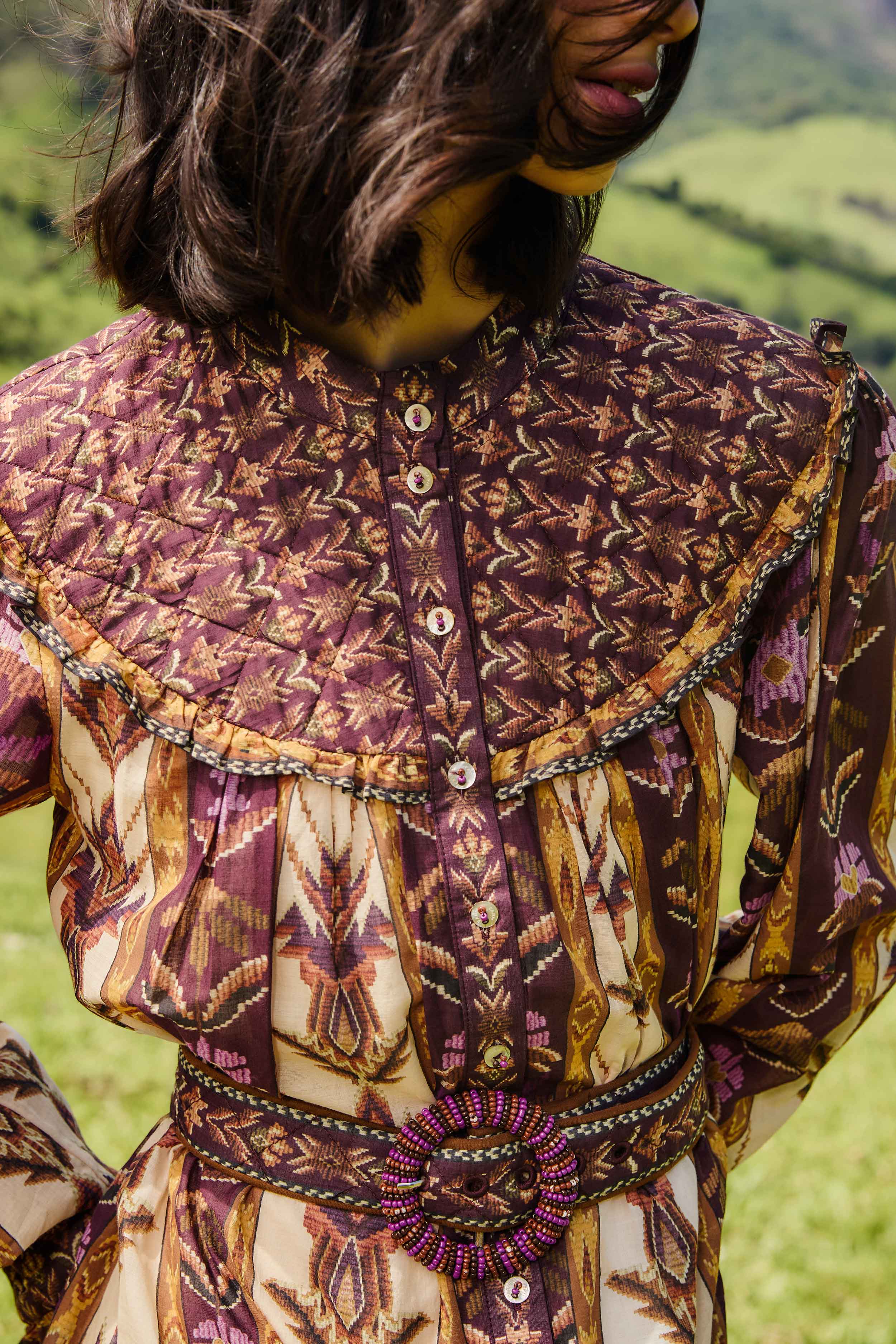 Sand Embroidered Tapestry Long Sleeve Mini Dress