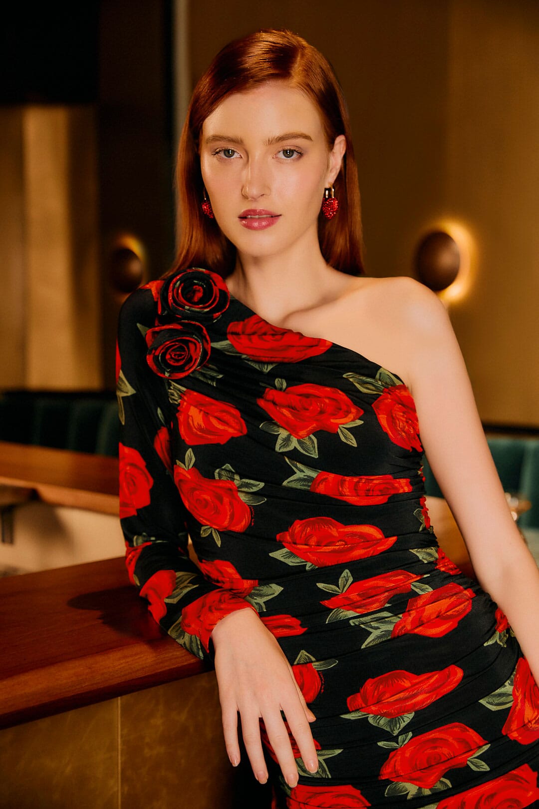 Black Latin Roses 3d Flower One-Shoulder Draped Maxi Dress