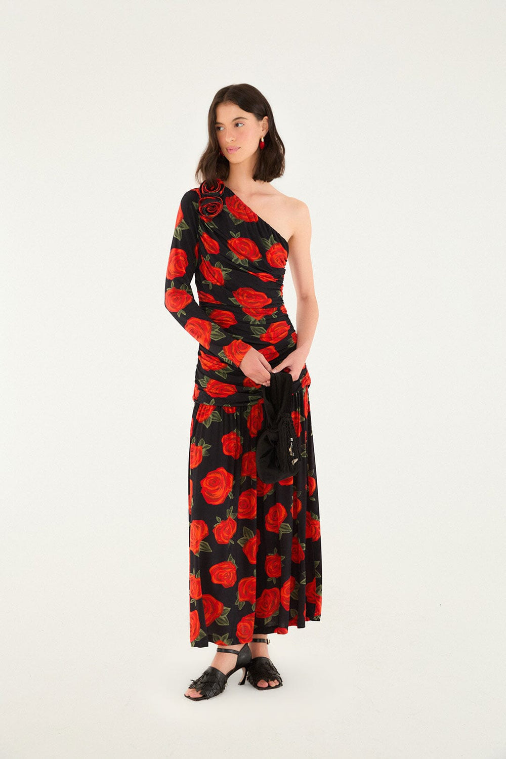Black Latin Roses 3d Flower One-Shoulder Draped Maxi Dress