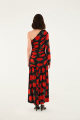 Black Latin Roses 3d Flower One-Shoulder Draped Maxi Dress