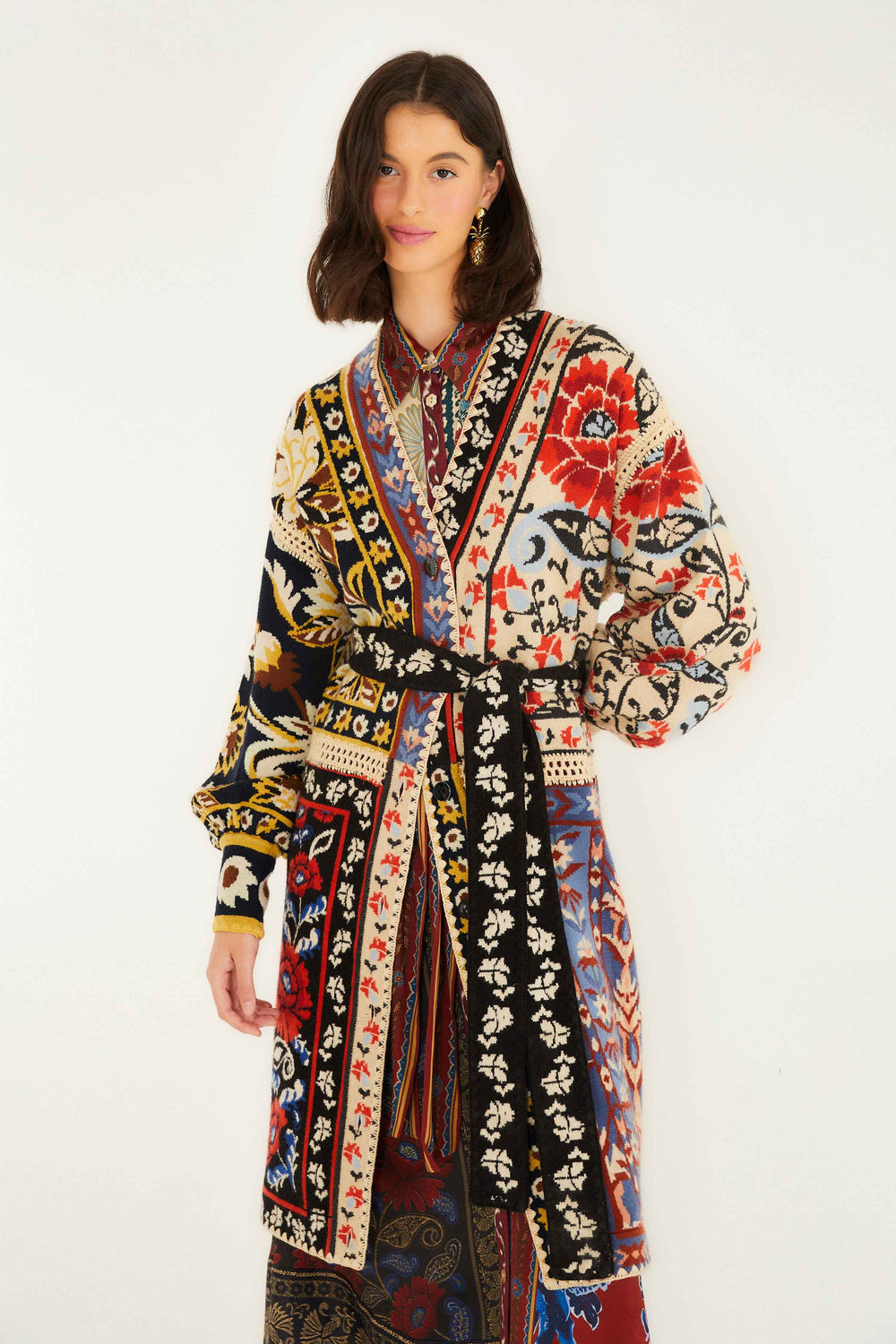 Mixed Flower Print Patchwork Knit Midi Cardigan