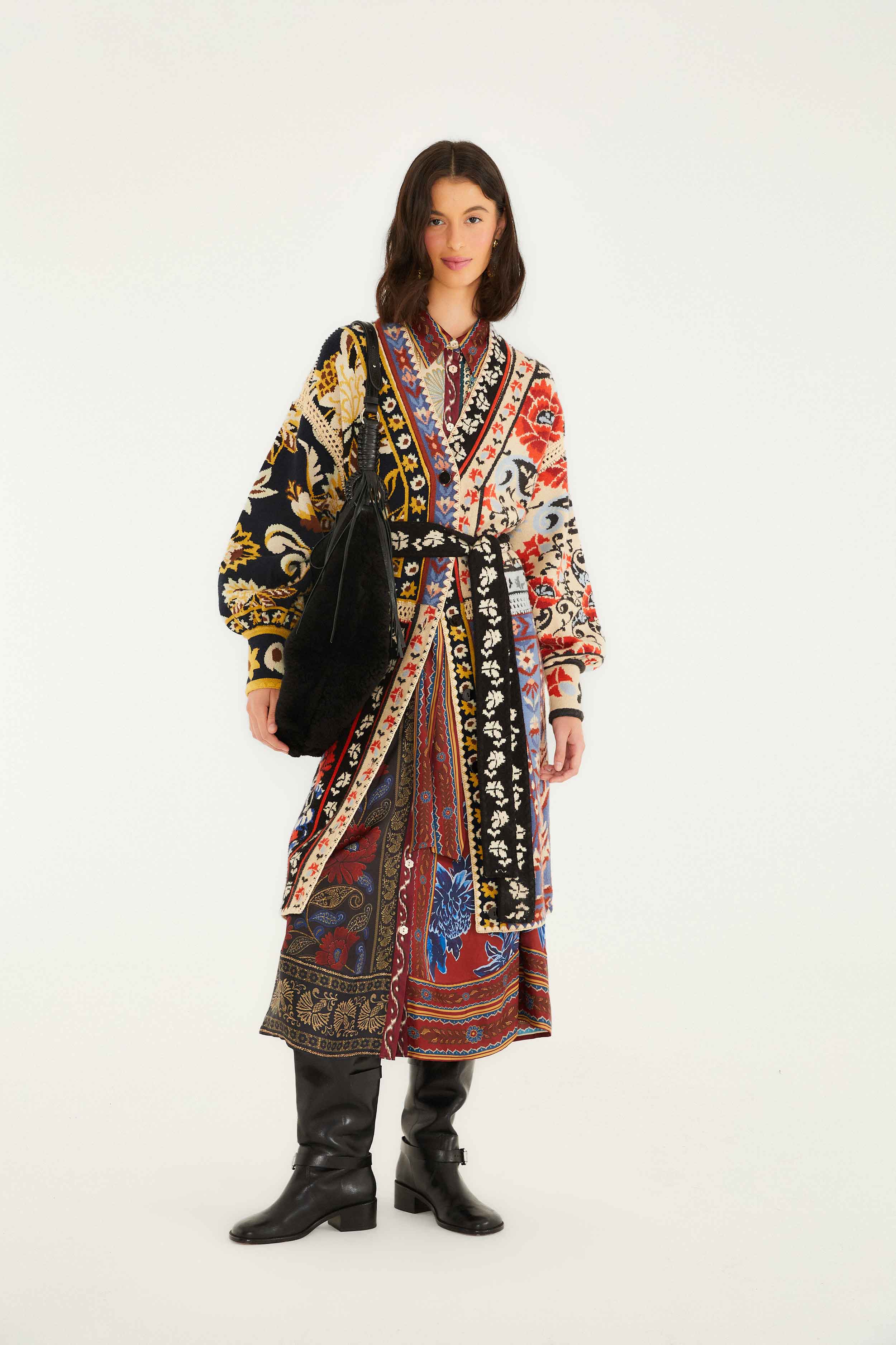 Mixed Flower Print Patchwork Knit Midi Cardigan