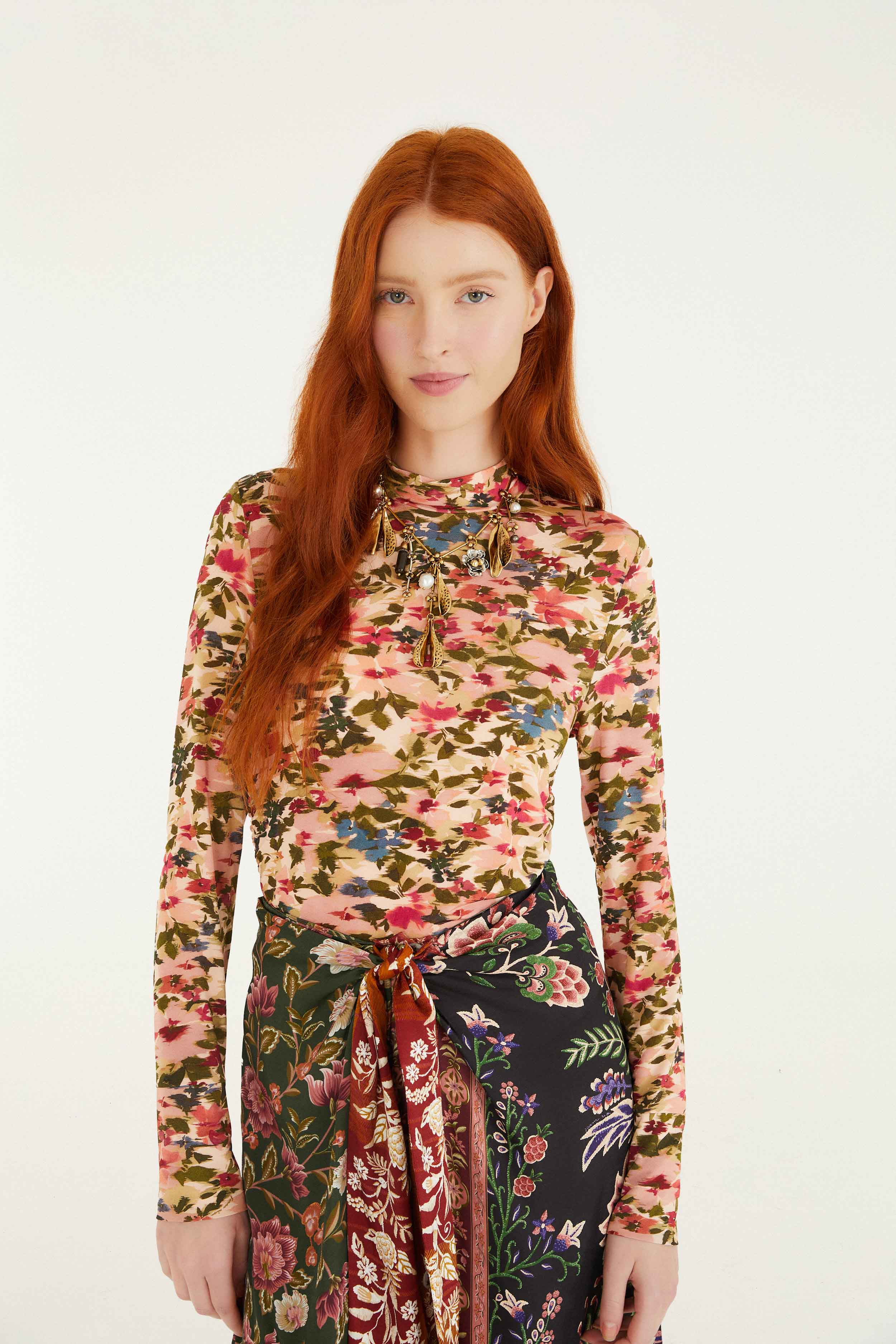 Pink Ikat Tiny Flowers Jersey Blouse