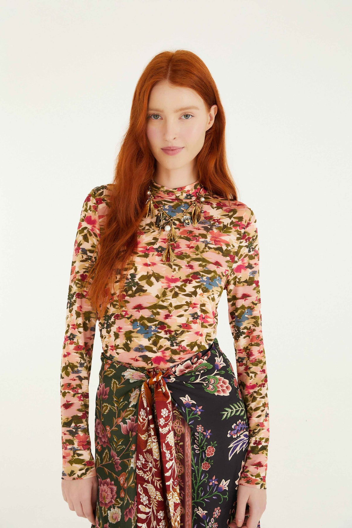 Pink Ikat Tiny Flowers Jersey Blouse