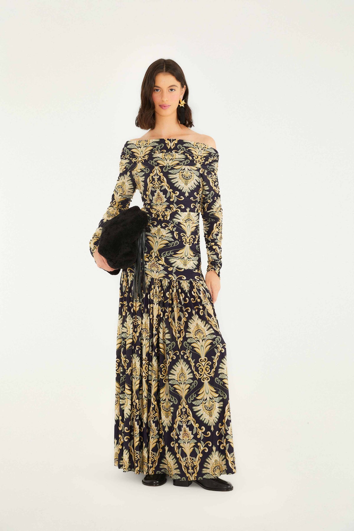 Navy Blue Wonderful Arabesque Off-Shoulder Maxi Dress