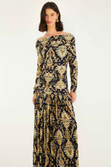 Navy Blue Wonderful Arabesque Off-Shoulder Maxi Dress