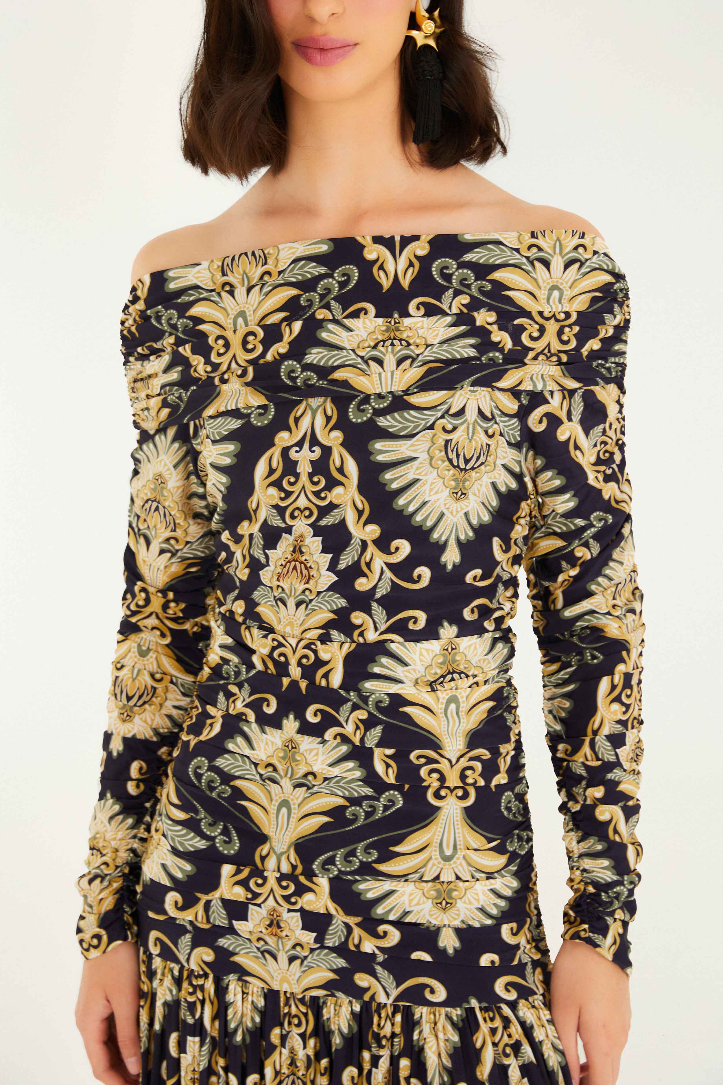 Navy Blue Wonderful Arabesque Off-Shoulder Maxi Dress