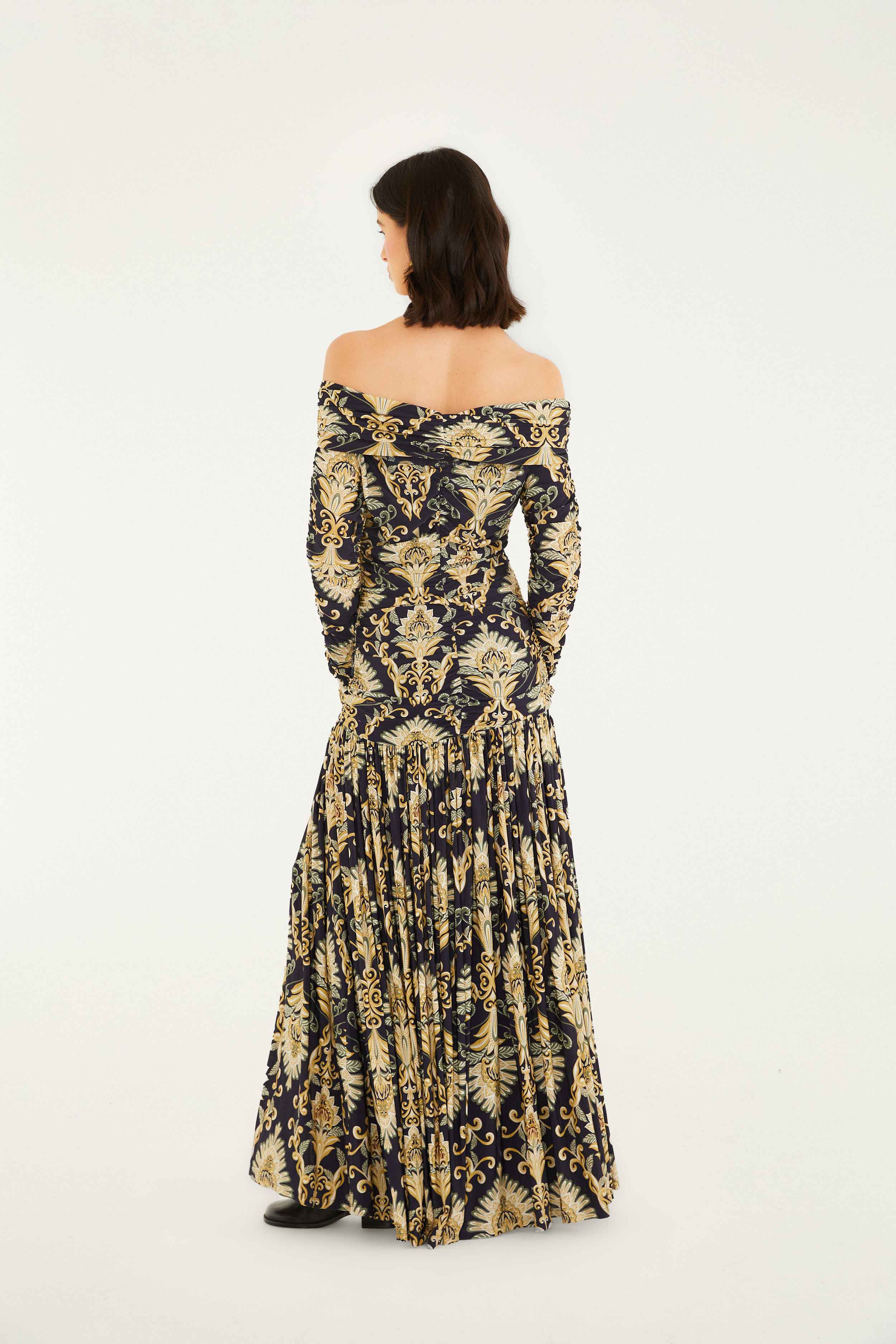 Navy Blue Wonderful Arabesque Off-Shoulder Maxi Dress