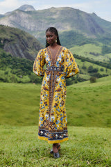 Yellow Flowering Garden Tree Organic Cotton Maxi Dress