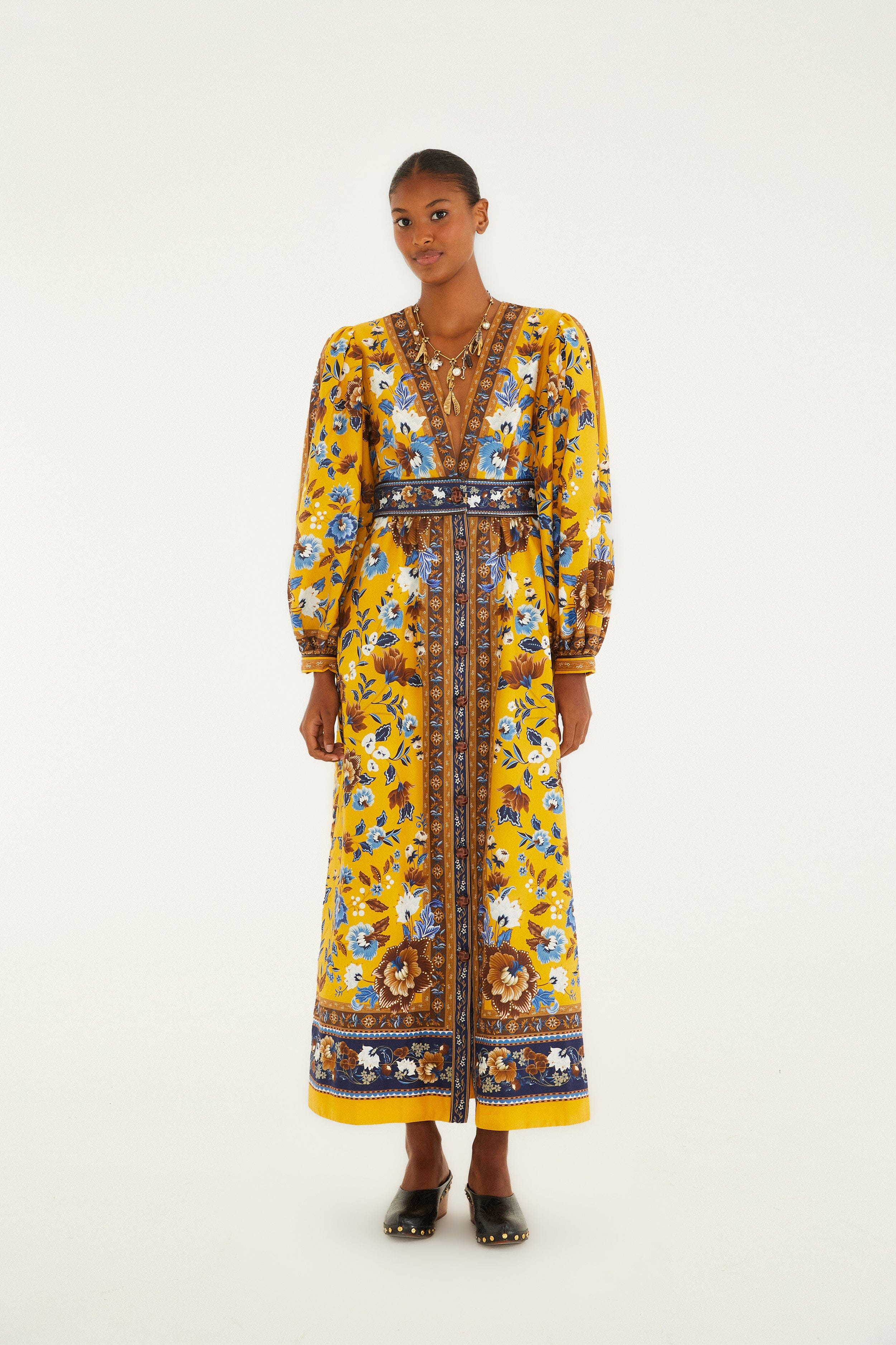 Yellow Flowering Garden Tree Organic Cotton Maxi Dress