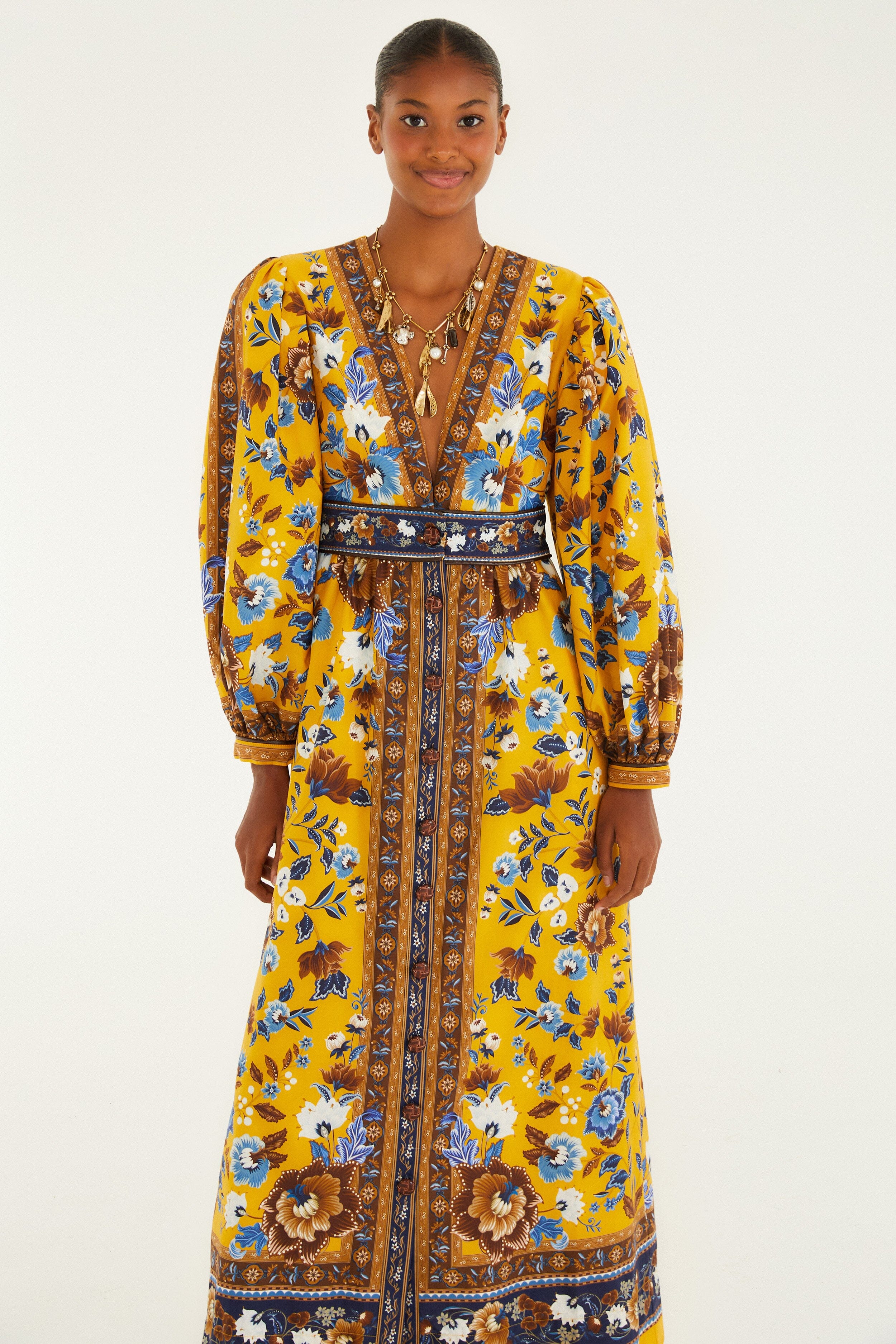 Yellow Flowering Garden Tree Organic Cotton Maxi Dress