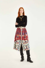 Red Winter Breeze Buttoned Belted Organic Cotton Midi Skirt