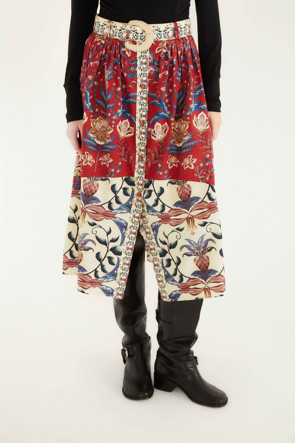 Red Winter Breeze Buttoned Belted Organic Cotton Midi Skirt