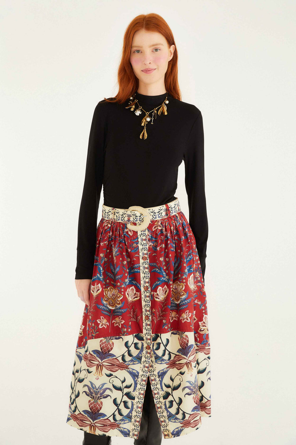 Red Winter Breeze Buttoned Belted Organic Cotton Midi Skirt