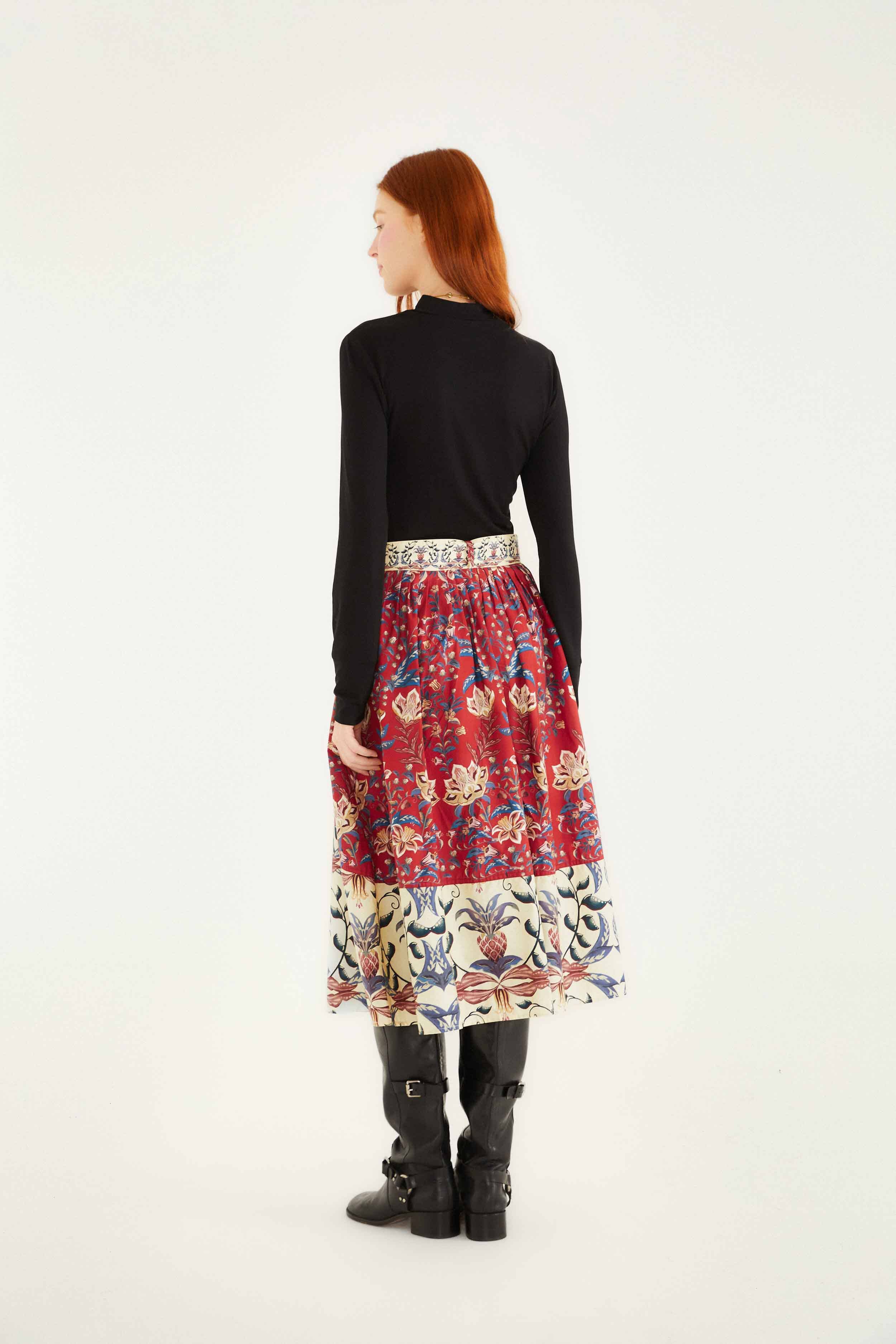 Red Winter Breeze Buttoned Belted Organic Cotton Midi Skirt