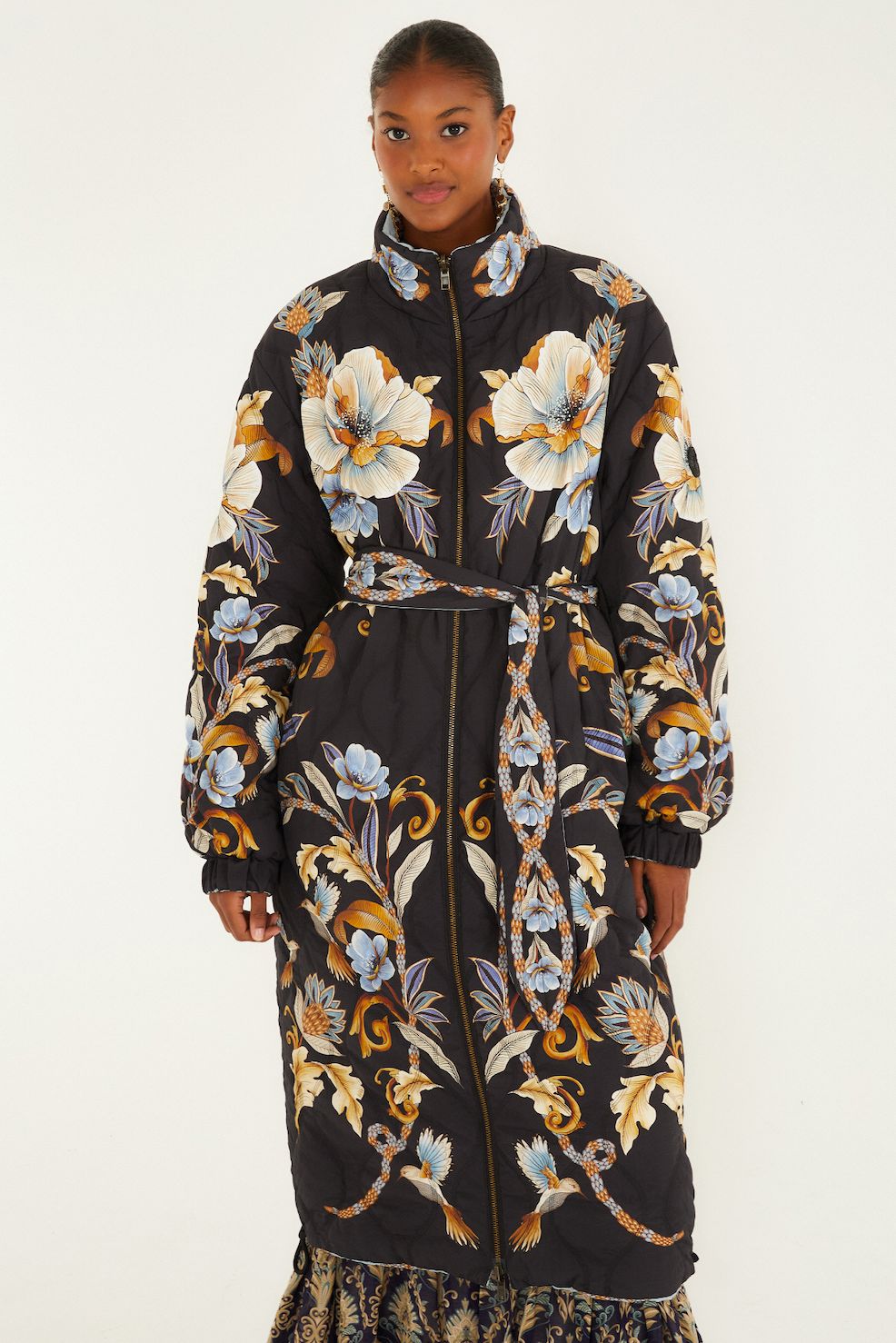 Black Flowerful Snake Garden Reversible Maxi Puffer Jacket