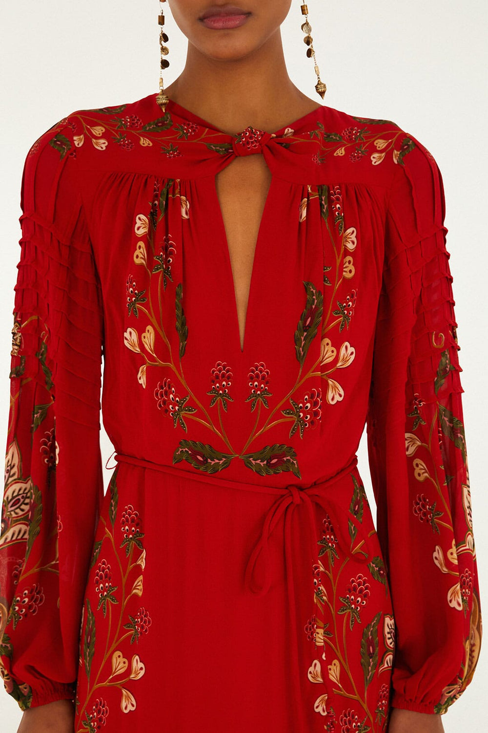 Red Berry Garden Long Sleeve Pleated Maxi Dress