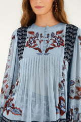 Soft Blue Marcelle Crochet Buttons Pleated Blouse