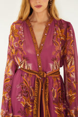 Pink Delicate Chintz Puff Sleeve Belted Maxi Dress