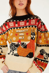 Multicolor Naughty And Nice Puff Sleeve Knit Sweater