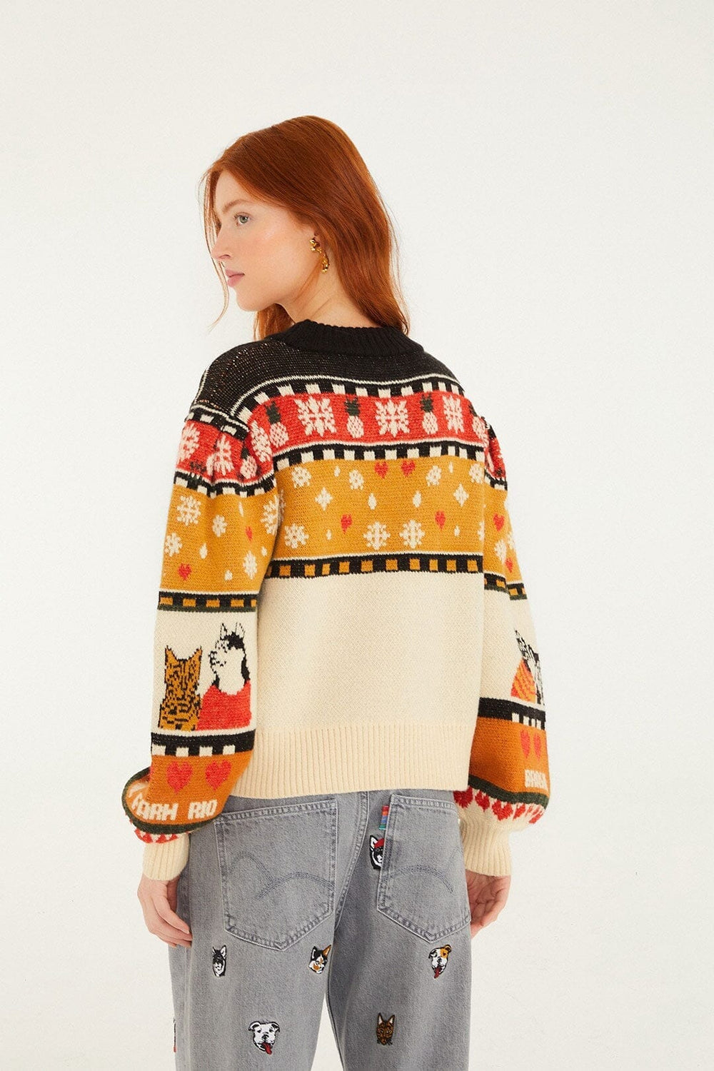 Multicolor Naughty And Nice Puff Sleeve Knit Sweater