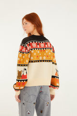 Multicolor Naughty And Nice Puff Sleeve Knit Sweater