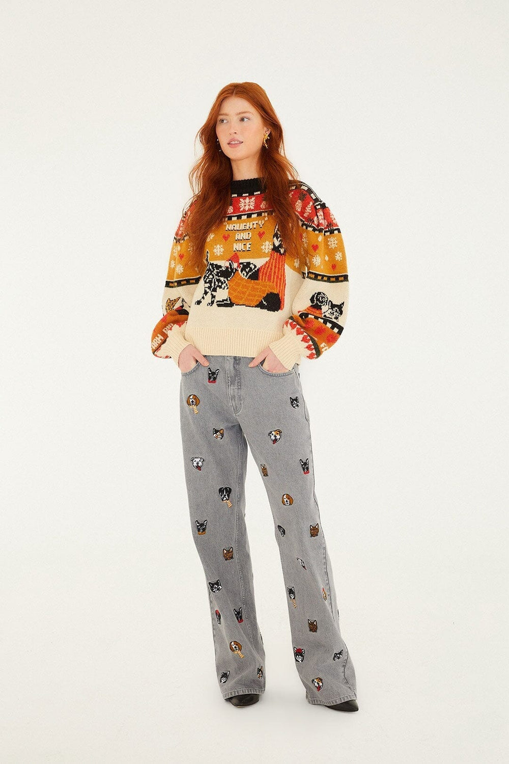 Multicolor Naughty And Nice Puff Sleeve Knit Sweater