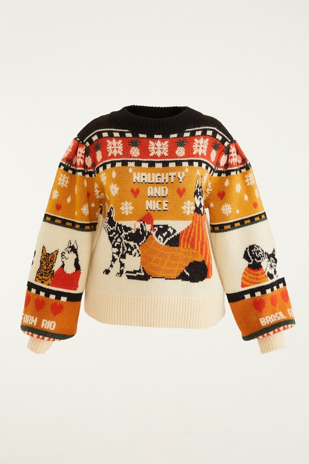 Multicolor Naughty And Nice Puff Sleeve Knit Sweater