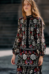 Black Rococo Flowers Ruffled Maxi Dress