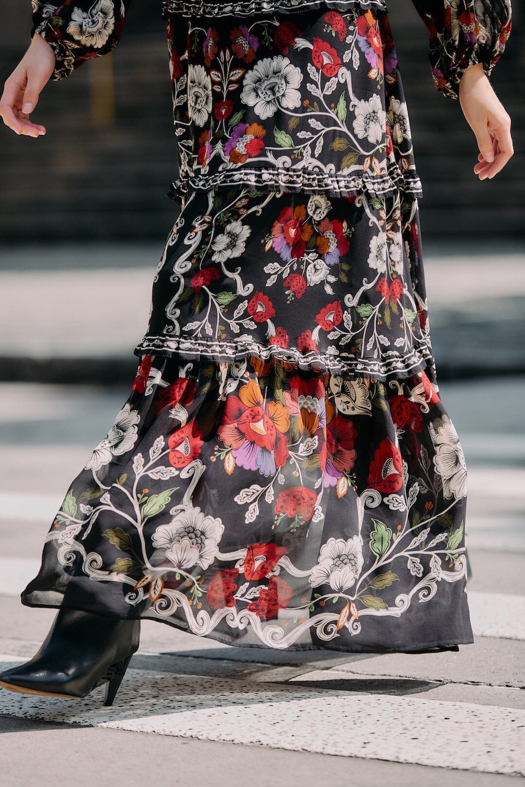 Black Rococo Flowers Ruffled Maxi Dress