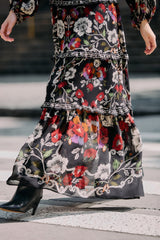 Black Rococo Flowers Ruffled Maxi Dress