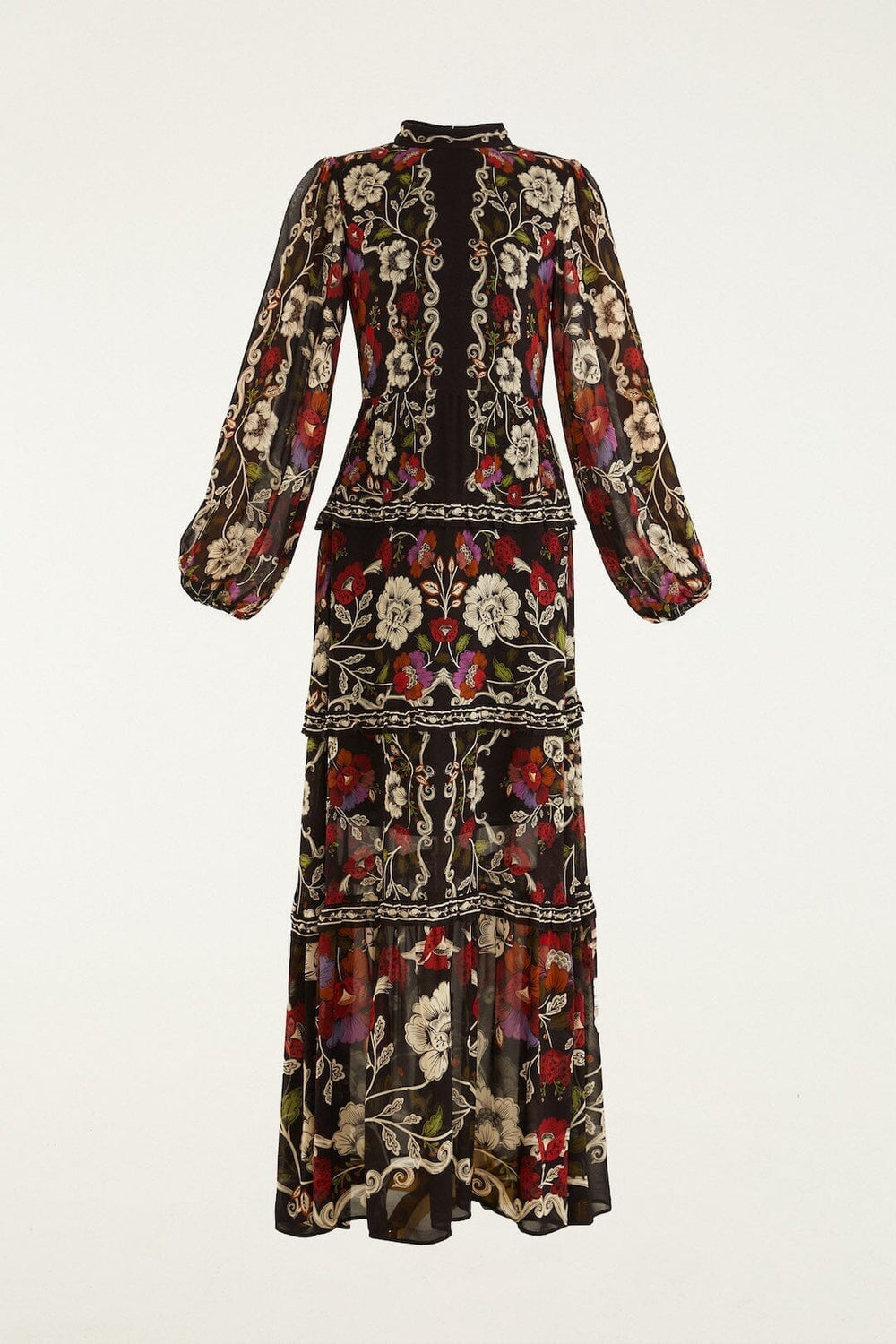 Black Rococo Flowers Ruffled Maxi Dress