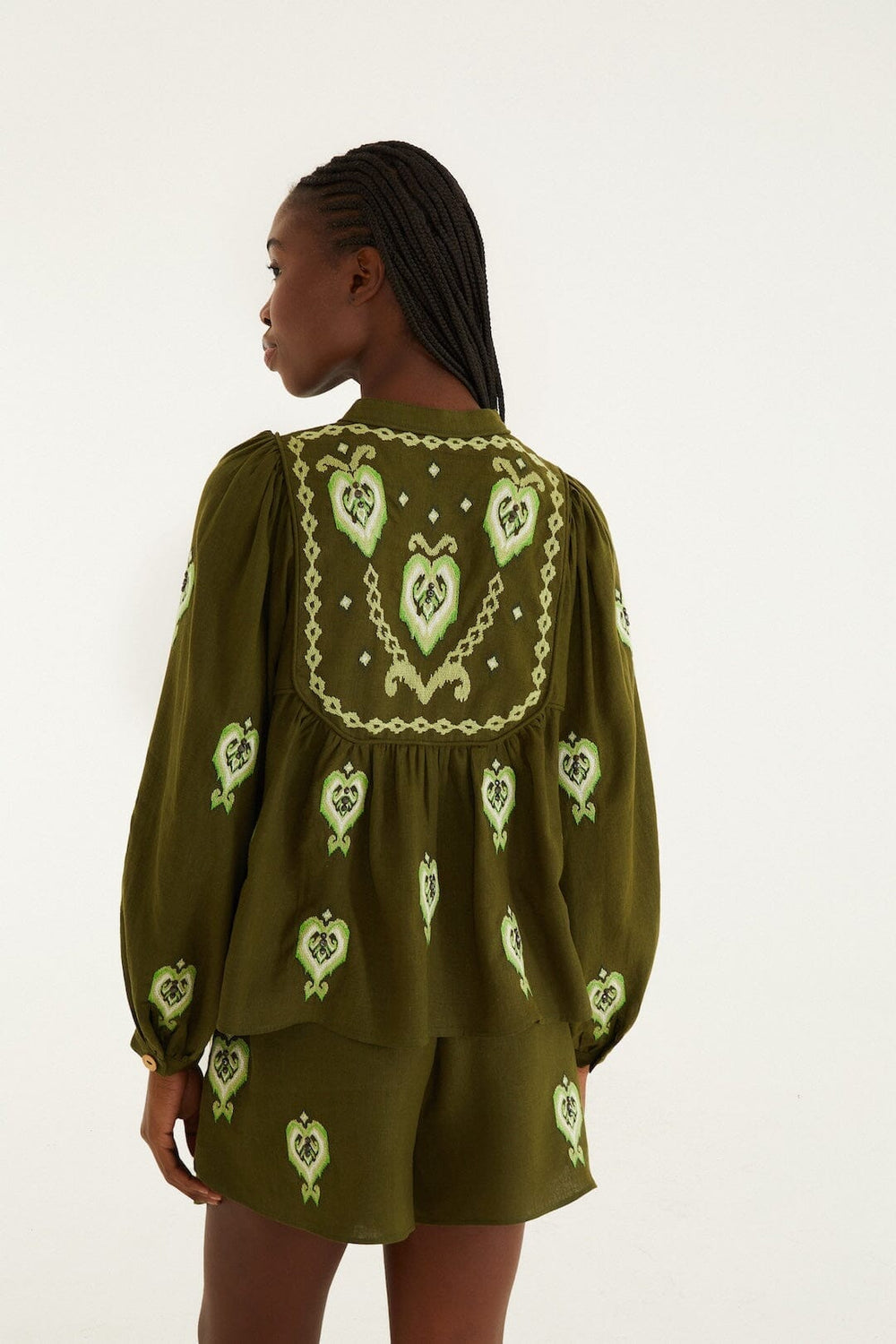 Green Embroidered Puff Sleeve Lenzing� Ecovero� Euroflax� Blouse