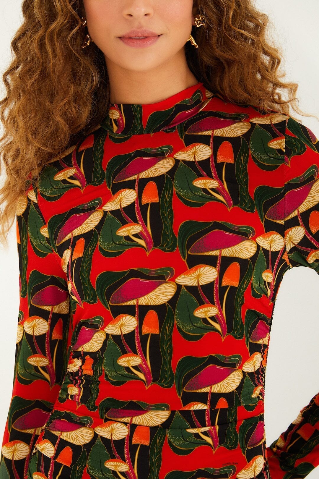 Black Wild Mushrooms Ruched Waist Jersey Blouse