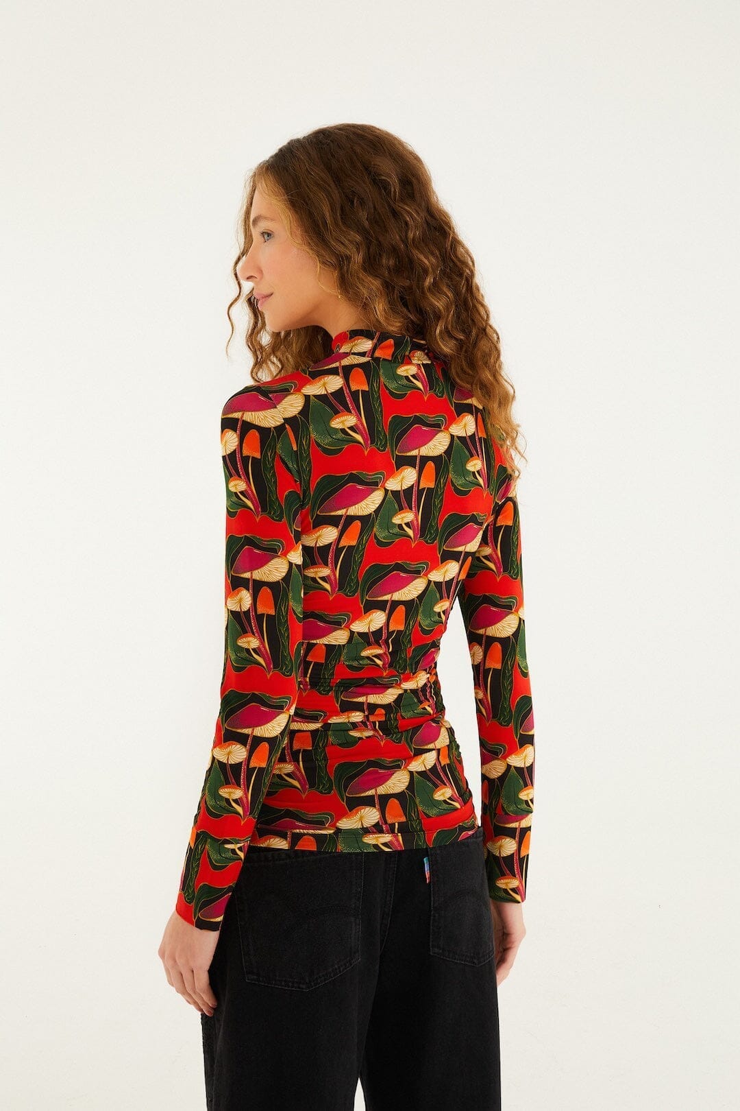 Black Wild Mushrooms Ruched Waist Jersey Blouse