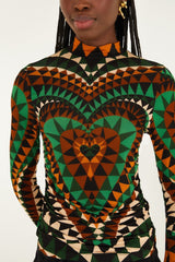 Green Heart Deco Ruched Waist Jersey Blouse