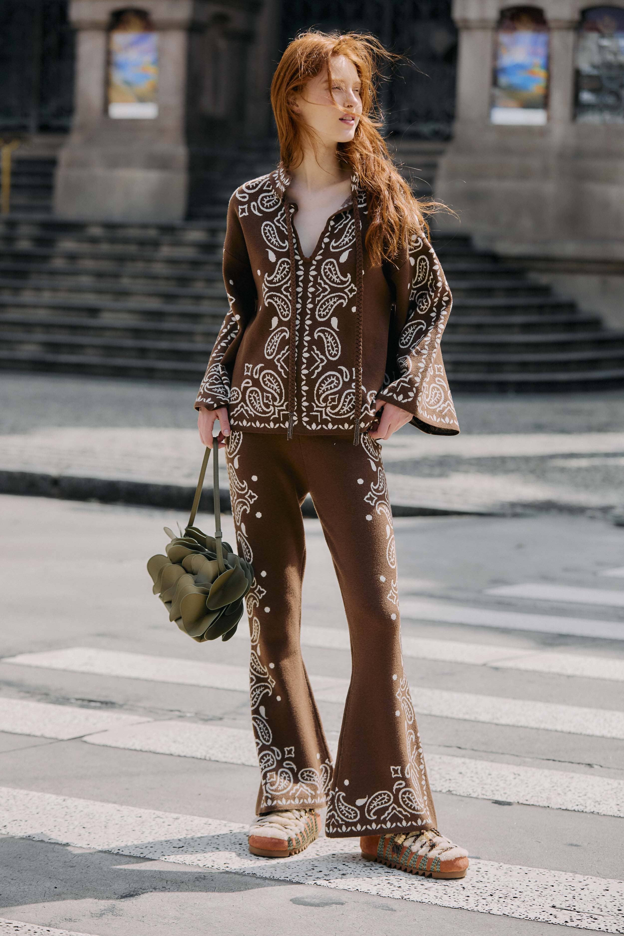 Brown Bohemian Paisley Flare Knit Pants