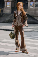 Brown Bohemian Paisley Flare Knit Pants