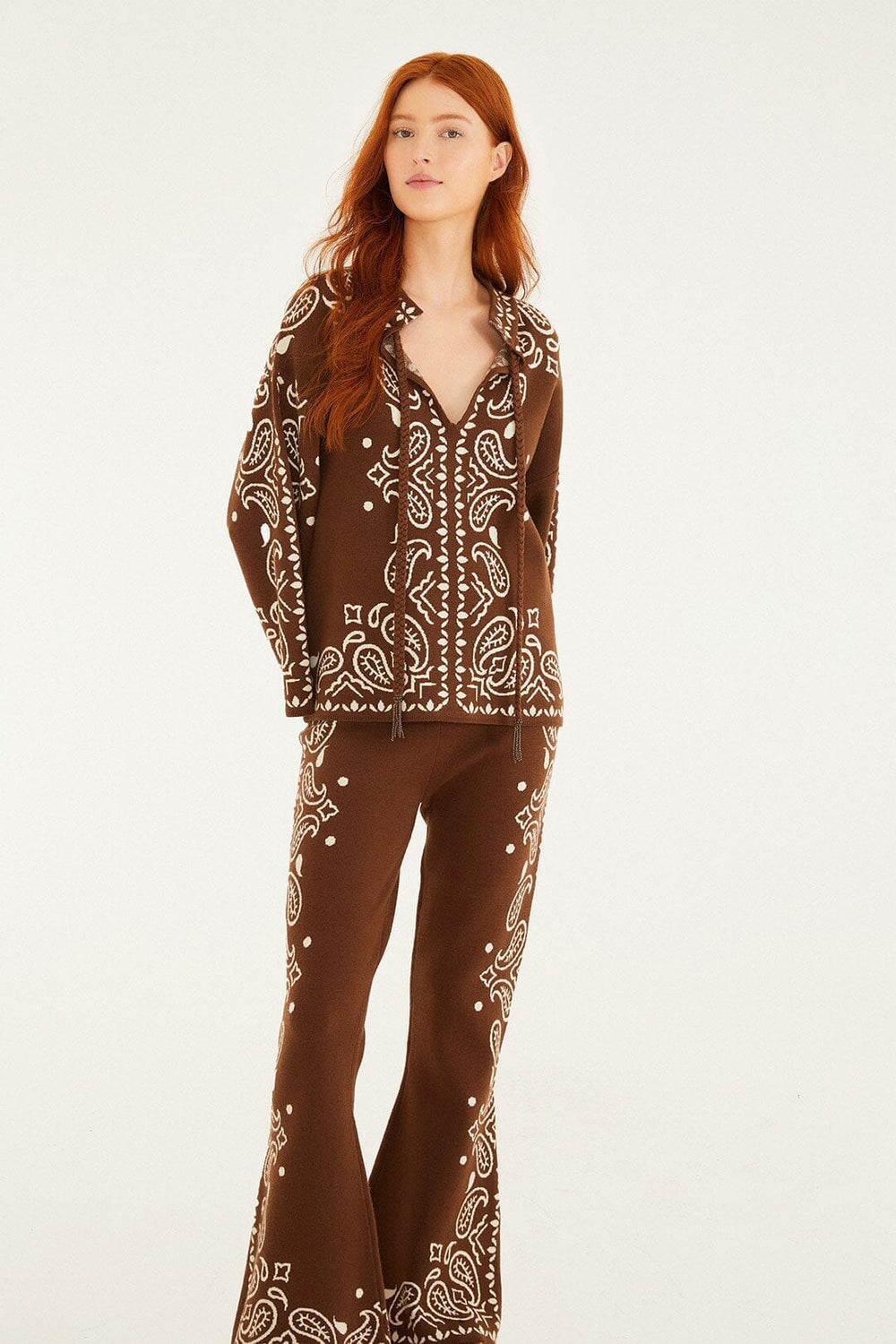 Brown Bohemian Paisley Flare Knit Pants