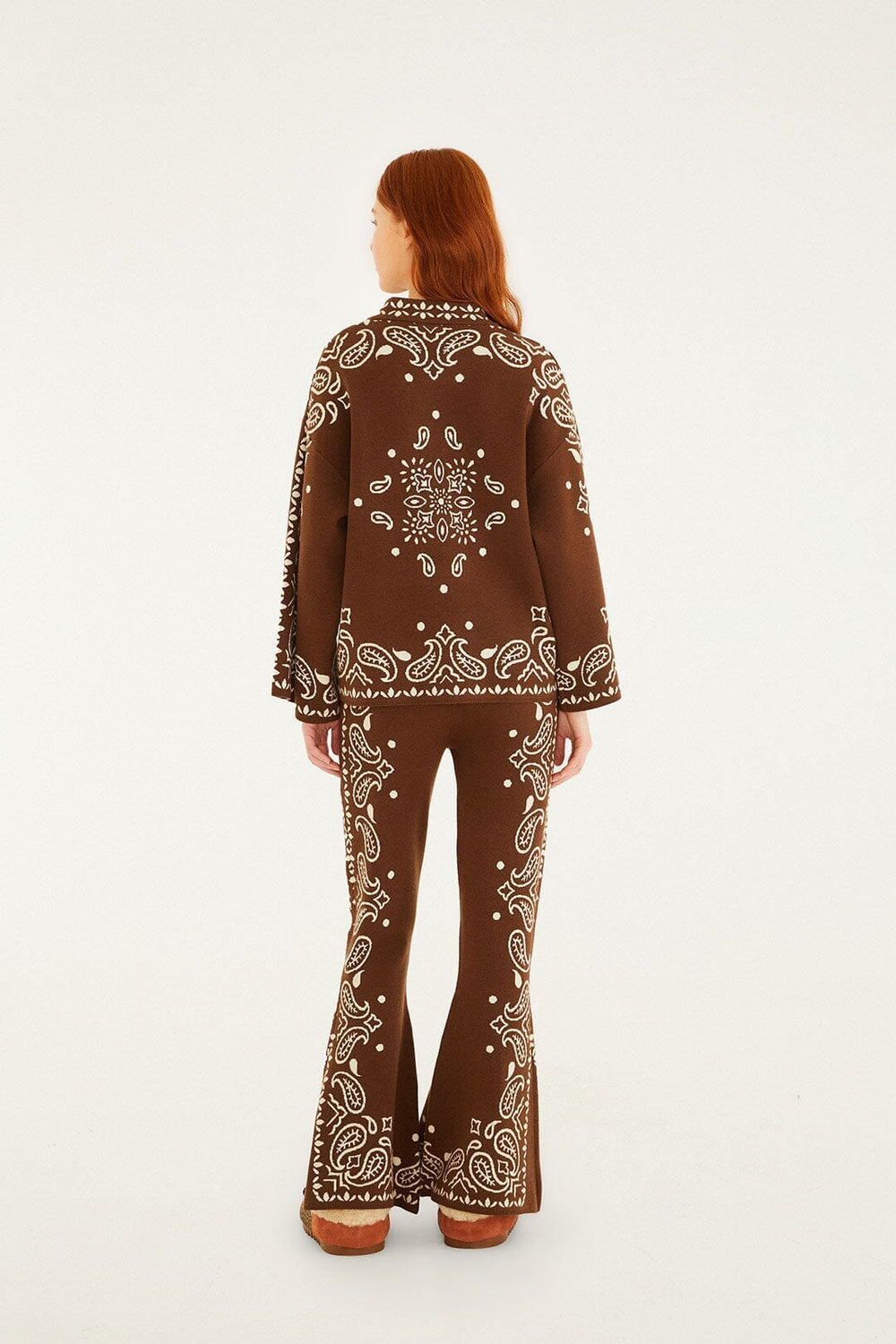 Brown Bohemian Paisley Flare Knit Pants