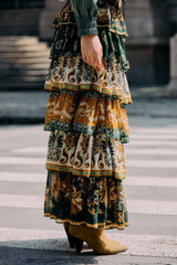 Green Ayla Mixed Scarves Layered Maxi Skirt