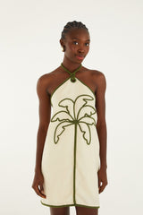 Sand Coconut Embroidery Halter Neck Euroflax� Premium Linen Mini Dress