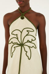 Sand Coconut Embroidery Halter Neck Euroflax� Premium Linen Mini Dress
