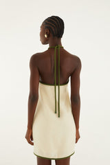 Sand Coconut Embroidery Halter Neck Euroflax� Premium Linen Mini Dress