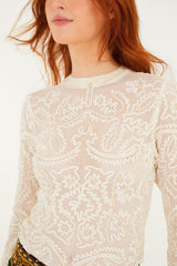 Off-White Embroidered Crew Neck Long Sleeve Blouse