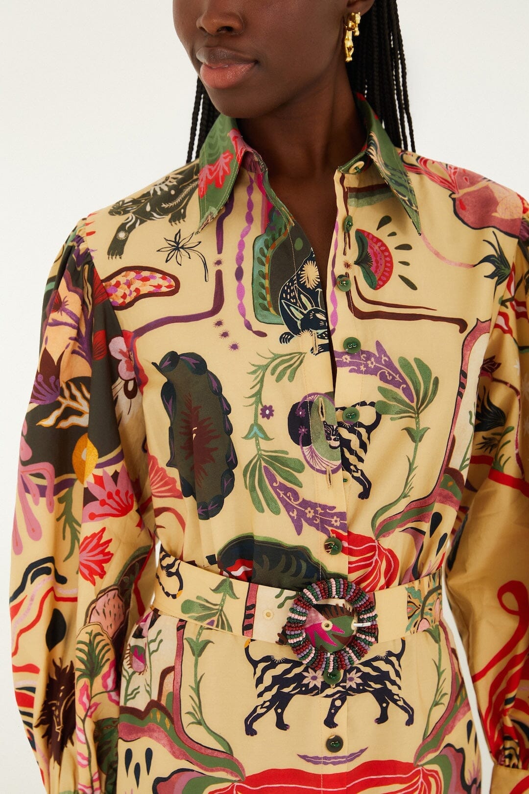 Beige Artsy Surreal Land Beaded Belt Organic Cotton Mini Dress