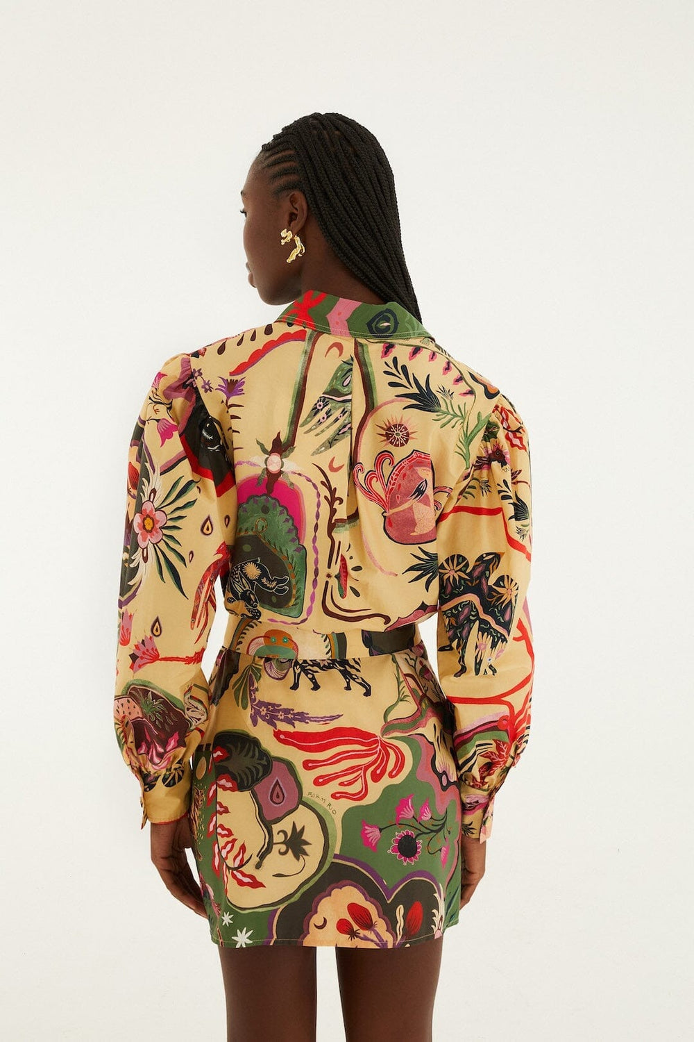 Beige Artsy Surreal Land Beaded Belt Organic Cotton Mini Dress