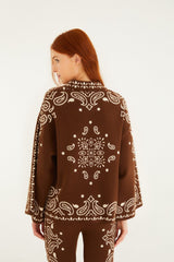 Brown Bohemian Paisley Beaded Rope Knit Sweater